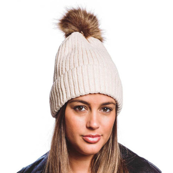 Chenille Ribbed Knit Beanie Fuzzy Lined With Pom-p - Picture 1 of 1